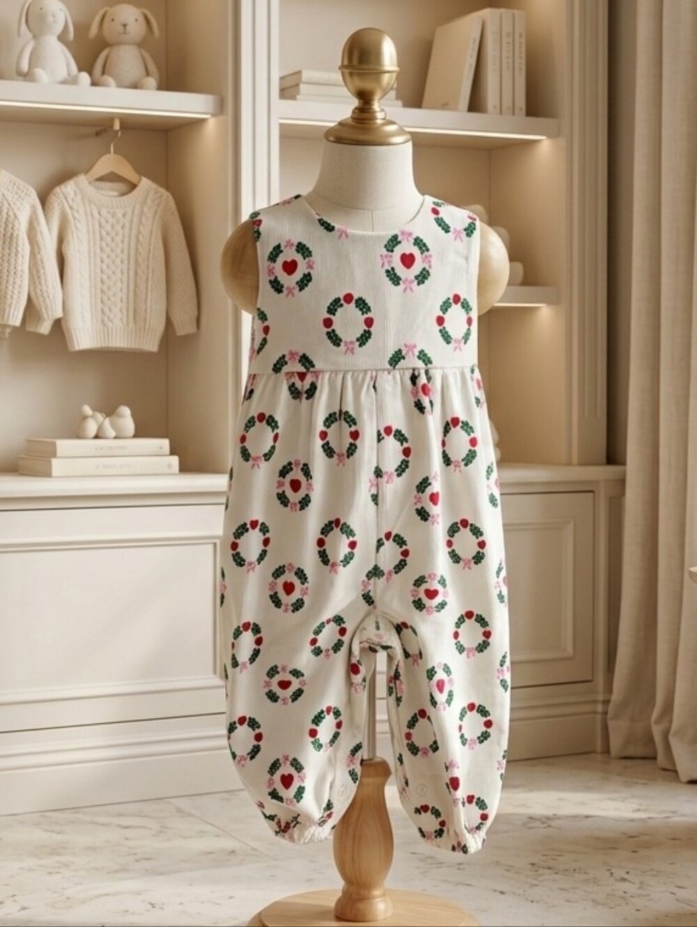The Beaufort Bonnet Rebecca Romper Corduroy Heart Wreath & Pink Bow | Size 18-24